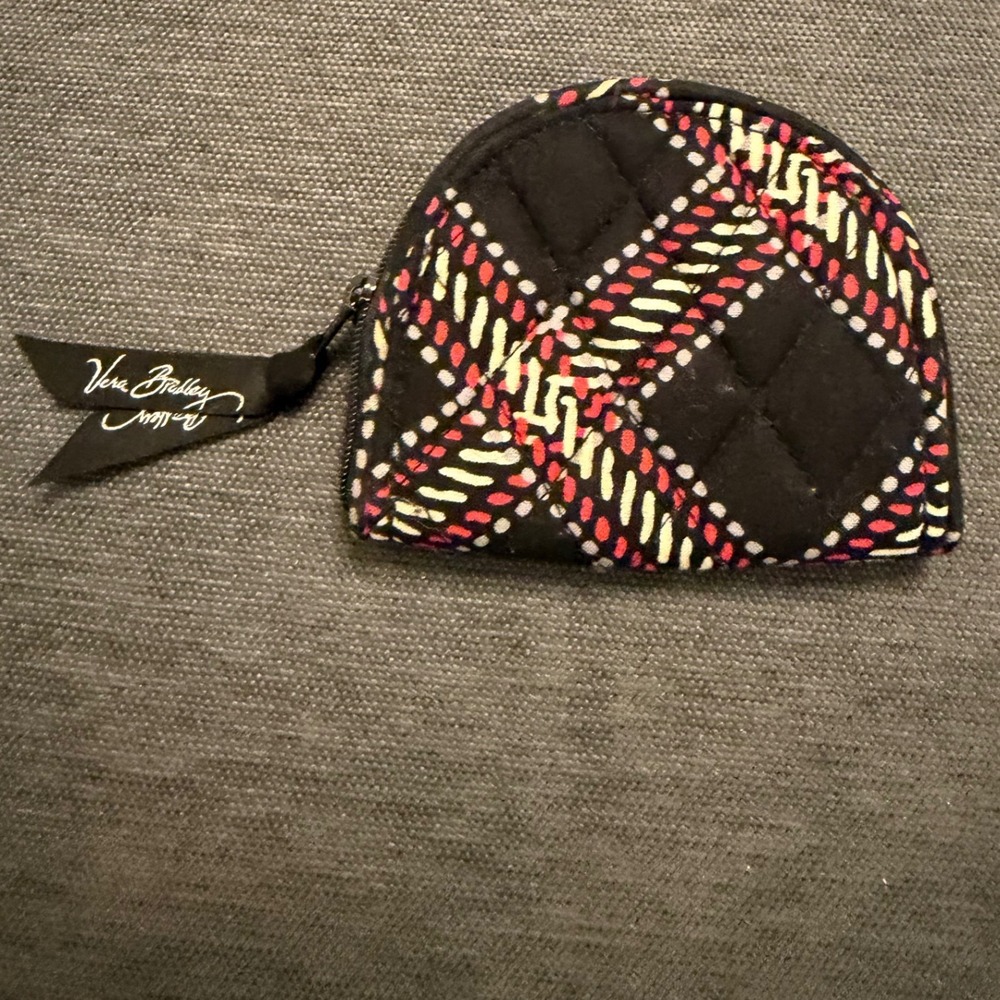 Vera Bradley Quilted Cotton Coin Purse Zip Pouch Black Red Yellow Plaid Divided - Picture 2 of 3